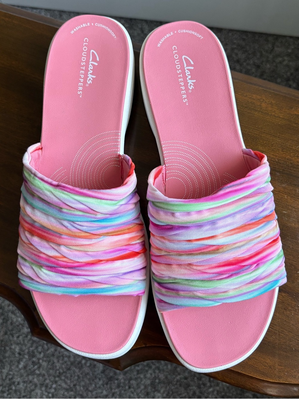 Brand new in box!!!  Clarks Drift Petal Platform Slides Multicolor.